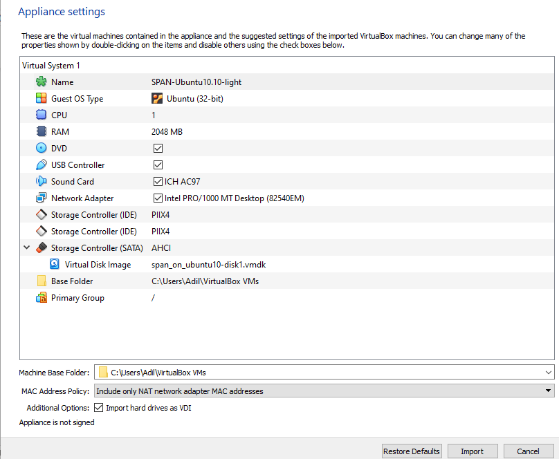 AVISPA appliance import settings