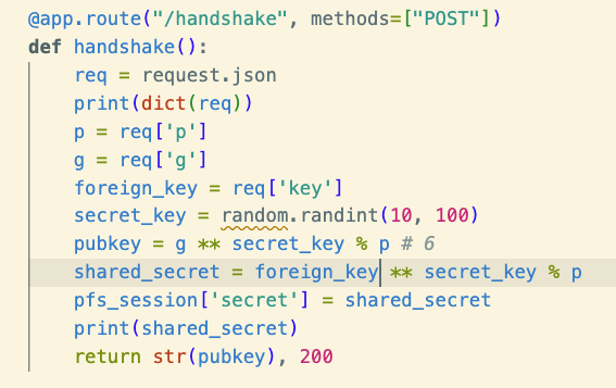 We've implemented the handshake of diffie hellman for forward secrecy with Python!